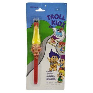 Russ Berrie Troll Kidz Doll Yellow Hair Red Band Flip Cover Quartz Watch Vintage